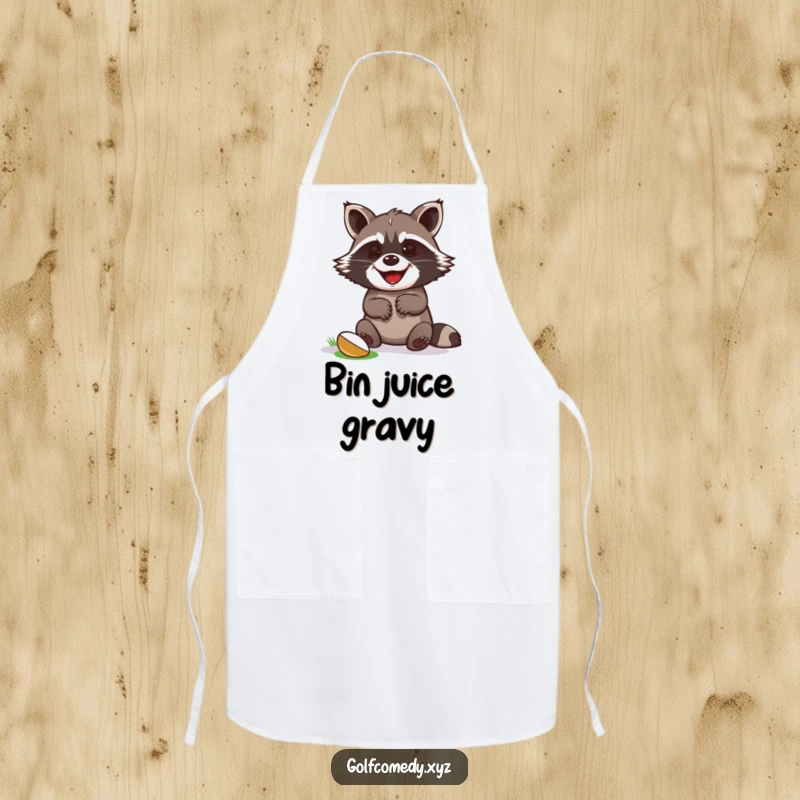 Funny raccoon celebrating a successful golf putt with paws up, on a durable apron for chefs.