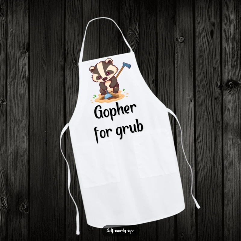 Funny badger digging a small hole with a golf club, featured on a durable apron for humorous chefs.