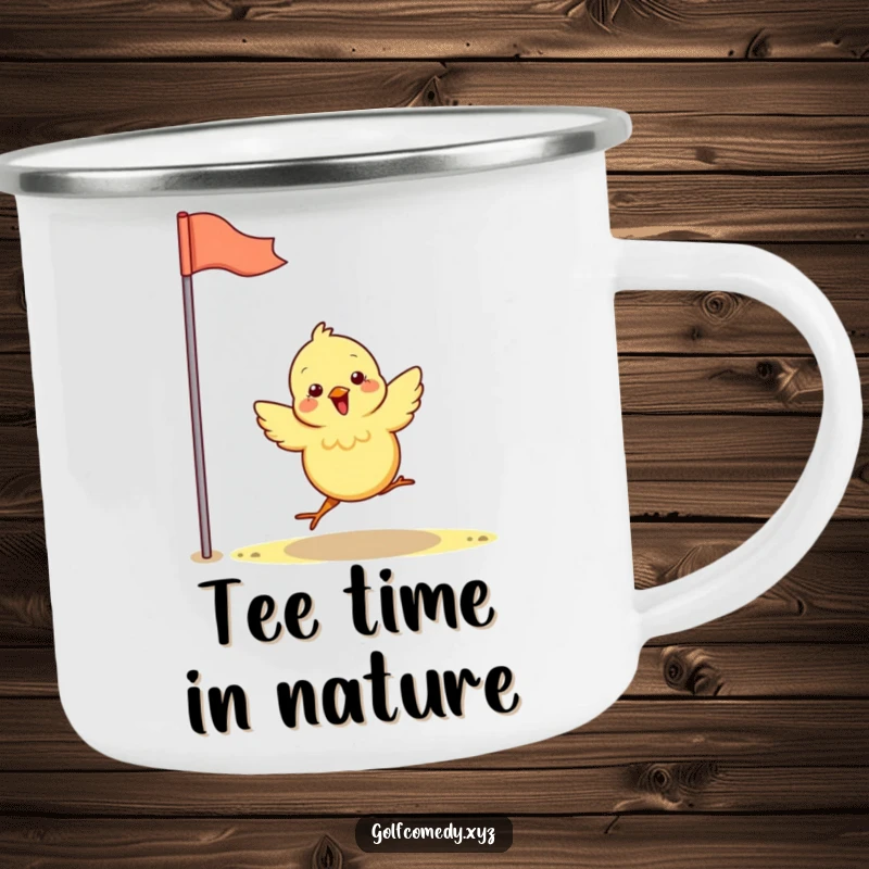 Funny chick energetically hops towards a golf flag, on a rugged camping mug, bringing humor to outdoor activities.