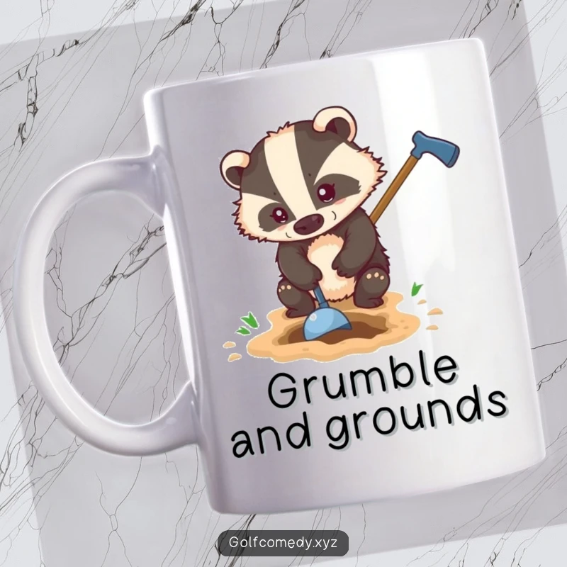 Funny determined badger digging a small hole with a golf club, showcasing grit and humor on a mug.