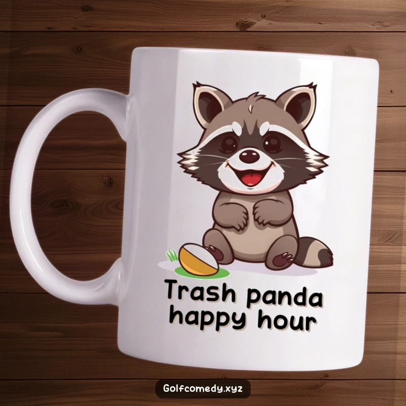 Funny grinning raccoon celebrating a successful golf putt with paws up in victory on a mug.