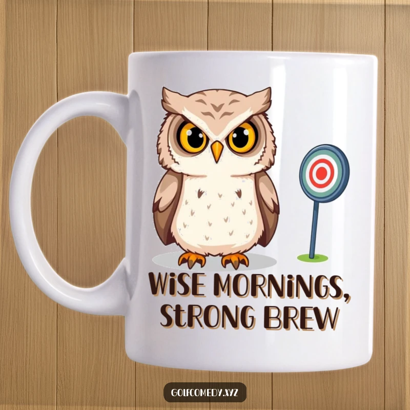 Funny Owl Mug: A confident owl intensely gazes at a distant golf target, showcasing stealth and precision for the perfect shot.