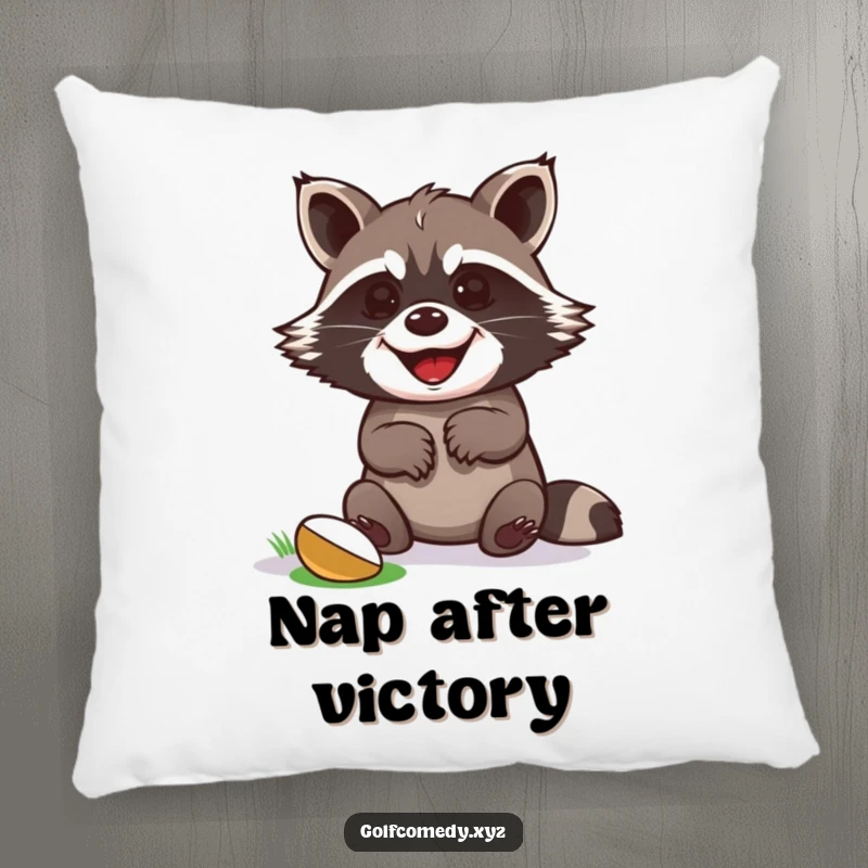 Funny raccoon celebrating a golf putt victory with paws up, on a soft pillow for humorous comfort.