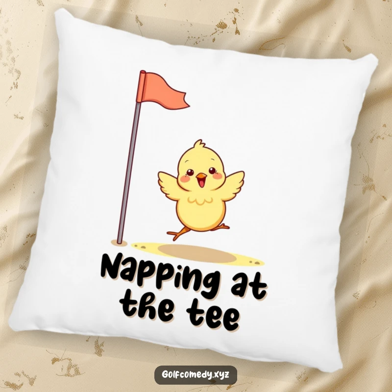Funny chick excitedly hops towards a golf flag, depicted on a soft pillow, offering humorous comfort for golf fans.