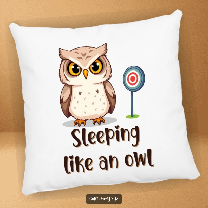 Funny Owl Pillow: A confident owl intensely gazes at a distant golf target, providing a soft, comfortable, and humorous decorative accent.