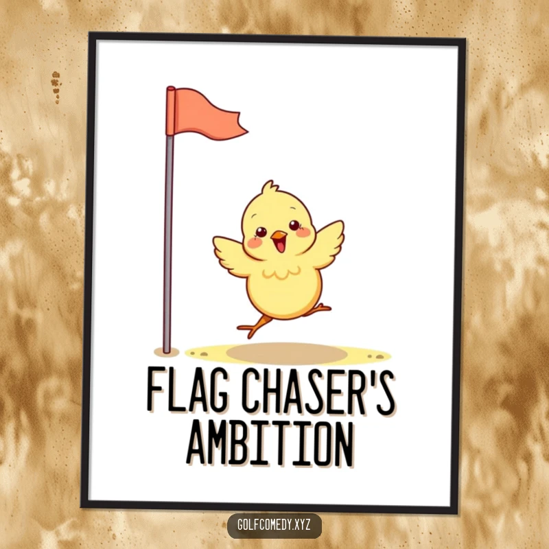 Funny chick joyfully hops towards a golf flag, available as a downloadable digital art print for humorous decor.