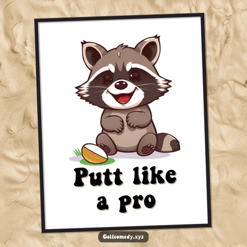 Funny raccoon grinning and celebrating a golf putt win with paws up, downloadable digital art print.