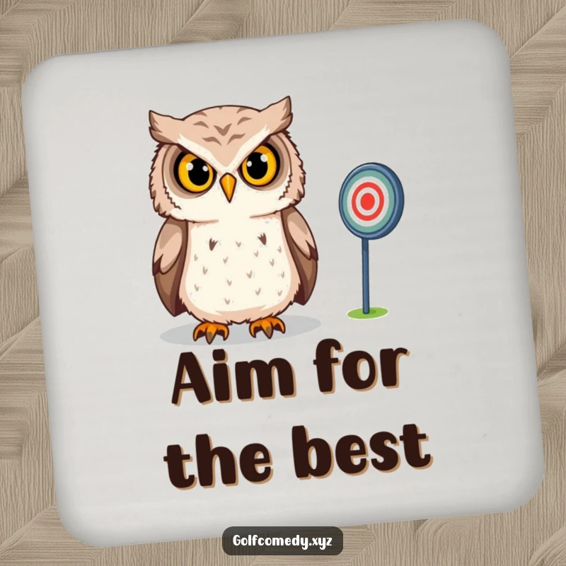 Funny Owl Drink Coaster: A confident owl intensely gazes at a distant golf target, adding a fun and protective touch to any drink surface.