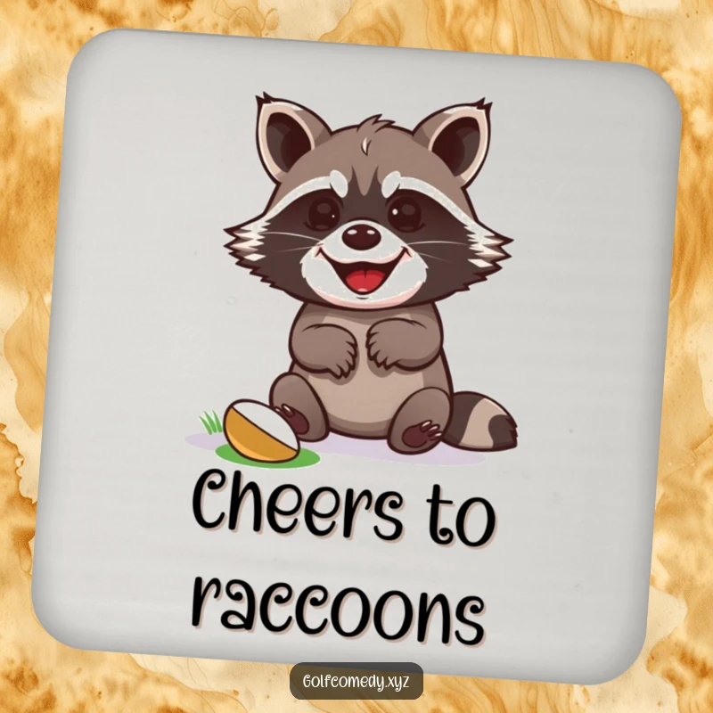 Funny raccoon celebrating a golf putt win with paws up, featured on drink coasters.