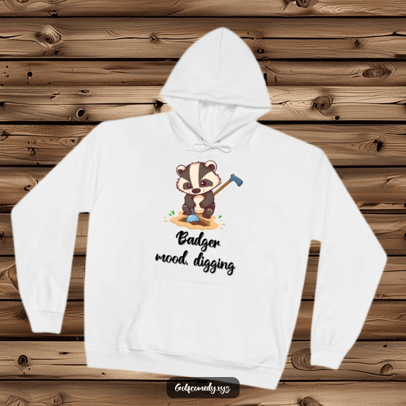 Funny determined badger digs with a golf club, featured on a warm hoodie, perfect for tenacious golfers.