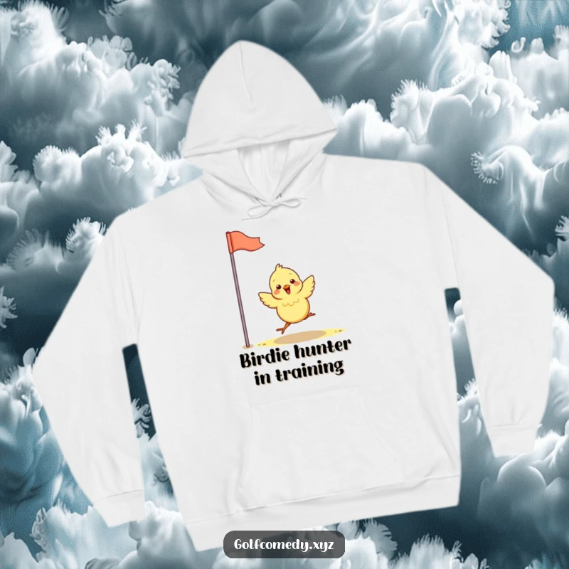 Funny chick excitedly hops towards a golf flag, featured on a cozy hoodie, perfect for humorous golf fans.