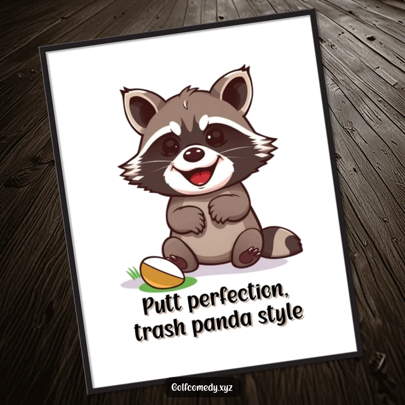 Funny Free Printable Wall Art: Grinning raccoon celebrates sinking a golf putt, paws raised high in victory.