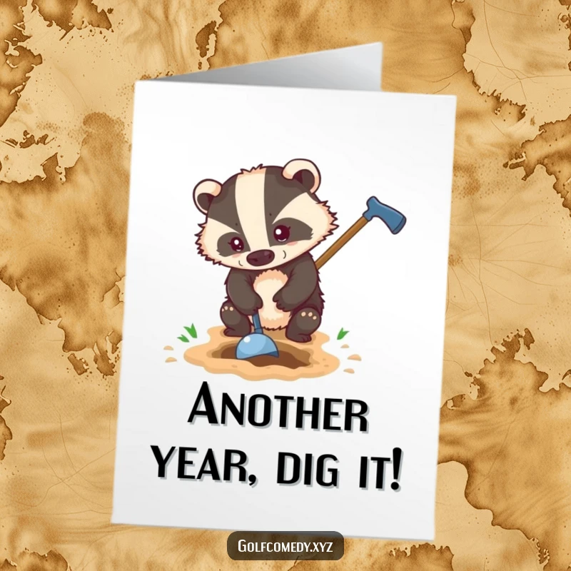 Funny Free Printable Birthday Card: Determined badger uses a golf club to dig a hole, full of focus.