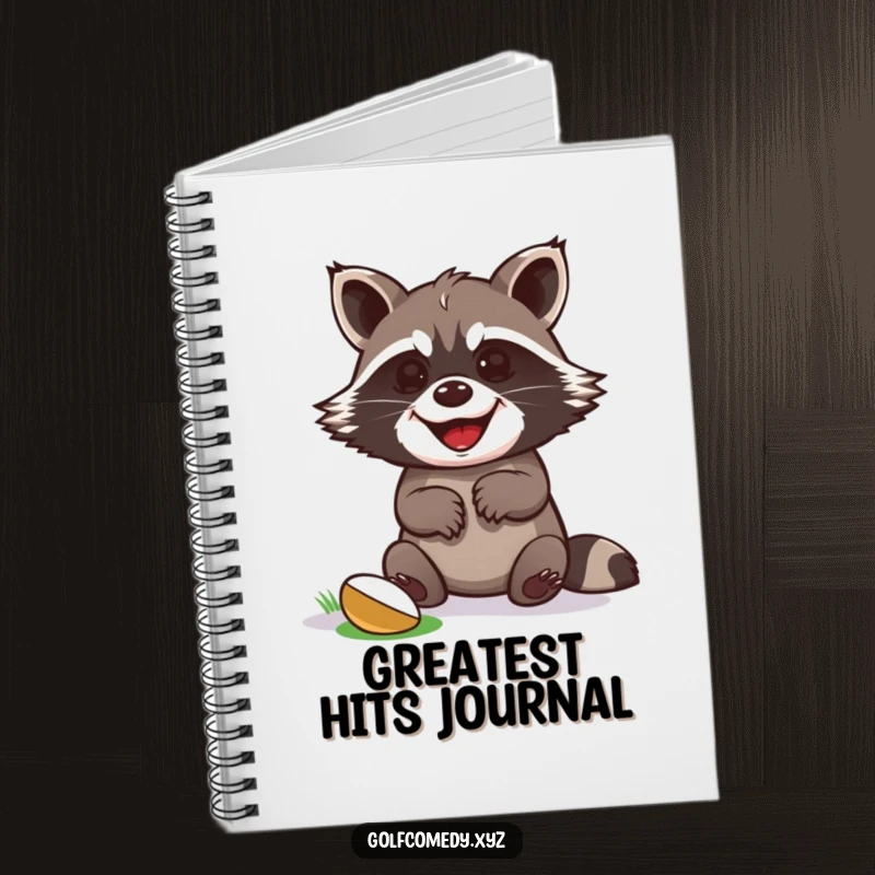 Funny raccoon celebrating a golf putt win with paws up, designed on a lined notebook.