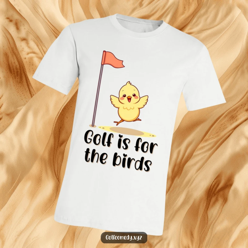 Funny chick joyfully hops towards a golf flag, showcasing a humorous and energetic golf-themed t-shirt.