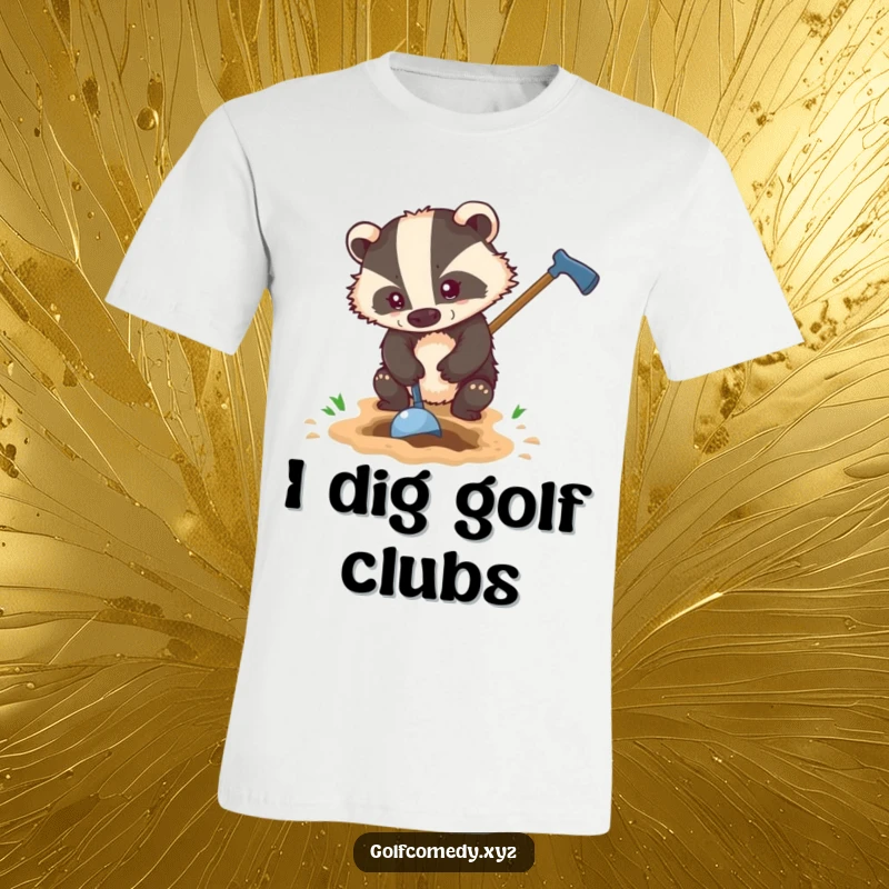 Funny badger digging a hole with a golf club, embodying determination on a humorous t-shirt for golfers.