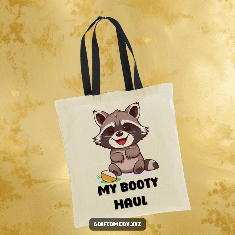 Funny raccoon celebrating a successful golf putt with paws raised, on a sturdy tote bag.